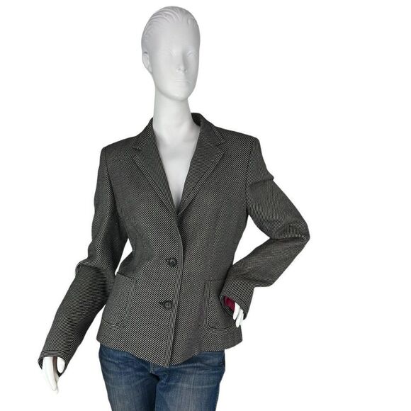 Max Mara Black & White Wool, Silk Two Button Woven Blazer Pink Lining Size 12 - Picture 1 of 12
